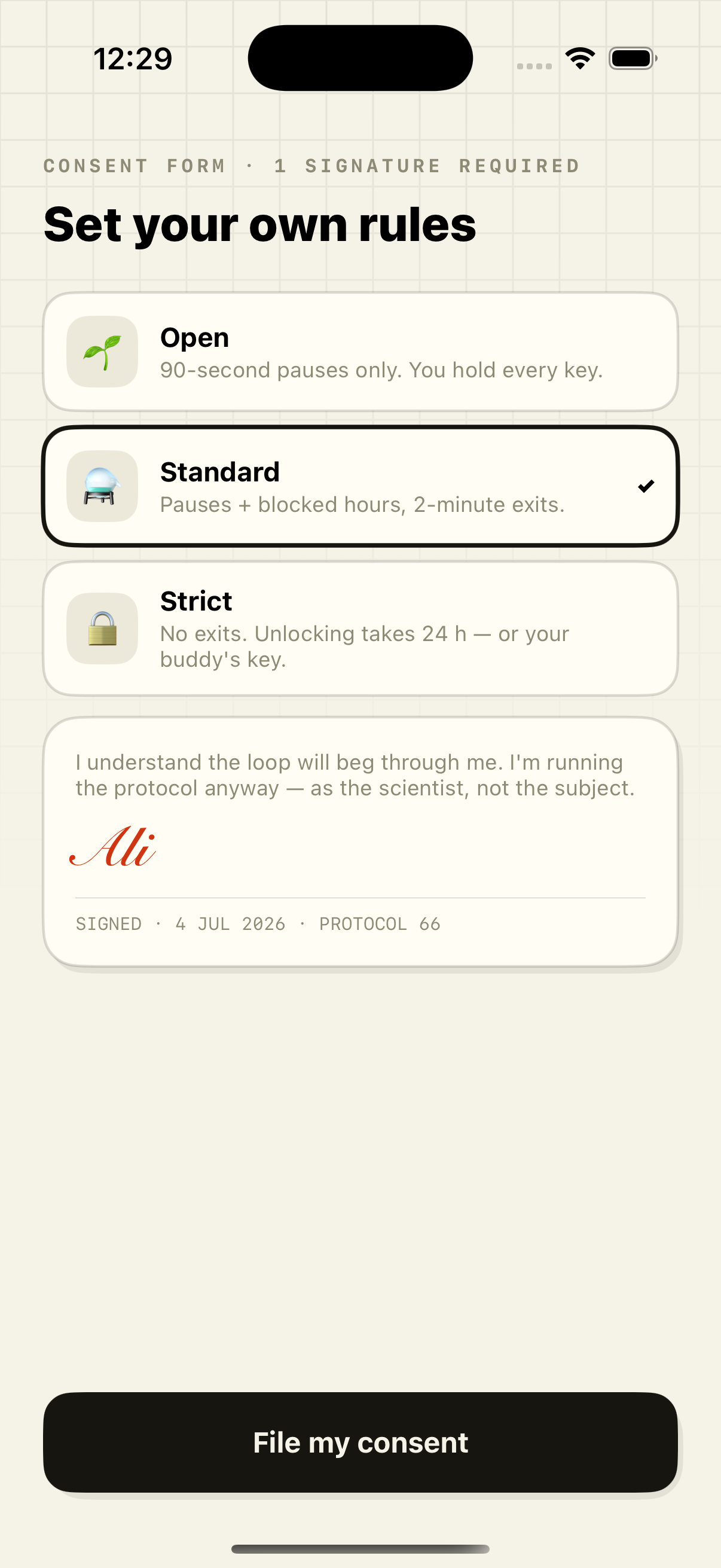 Unloop consent screen with Open, Standard, and Strict protection levels
